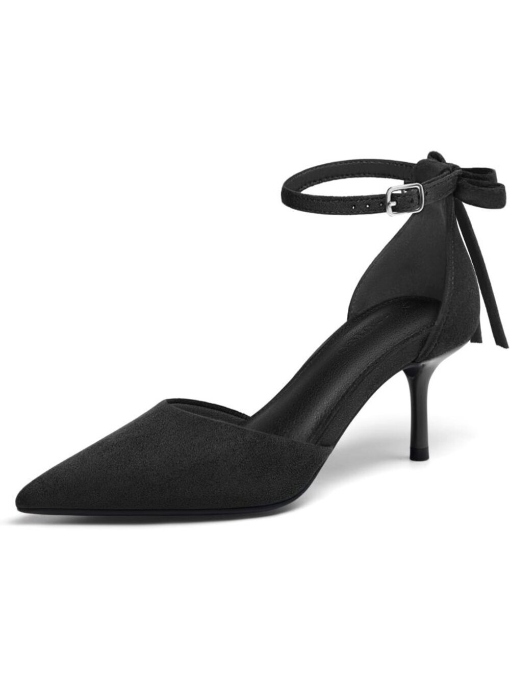 Women's Black Suede Kitten Low Heel Closed Pointed Toe Bow Ankle Strap Pump Shoe